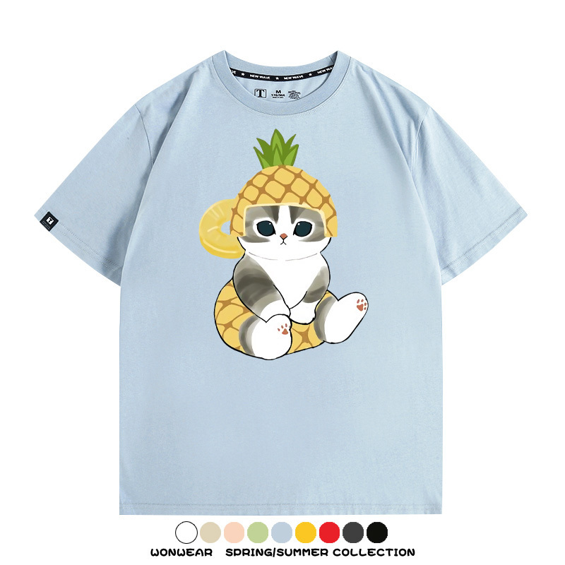 菠蘿貓福珊迪二次元情侶裝t恤衫聯名純棉圓領短袖上衣服卡通喵半袖男