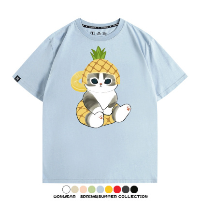 菠蘿貓福珊迪二次元情侶裝t恤衫聯名純棉圓領短袖上衣服卡通喵半袖男