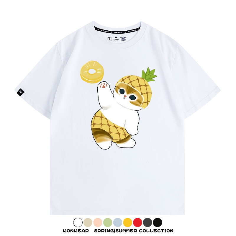 菠蘿貓福珊迪二次元情侶裝t恤衫聯名純棉圓領短袖上衣服卡通喵半袖男