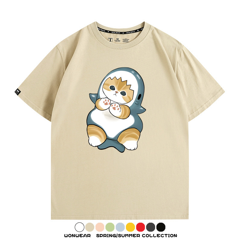 鯊魚貓福珊迪日系COS二次元卡通玩耍情侶短袖上衣純棉T恤衫夏季男寬鬆