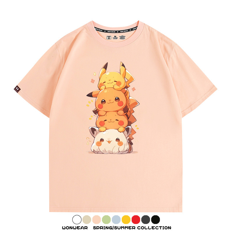 寶可夢皮卡丘可愛疊疊樂 親子情侶裝寬鬆短袖T
