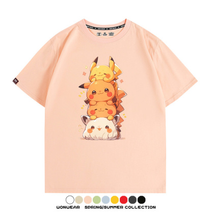 寶可夢皮卡丘可愛疊疊樂 親子情侶裝寬鬆短袖T