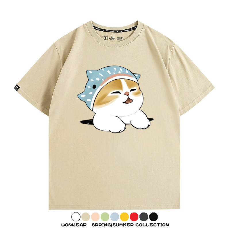 鯊魚貓福珊迪日系COS二次元卡通玩耍情侶短袖上衣純棉T恤衫夏季男寬鬆