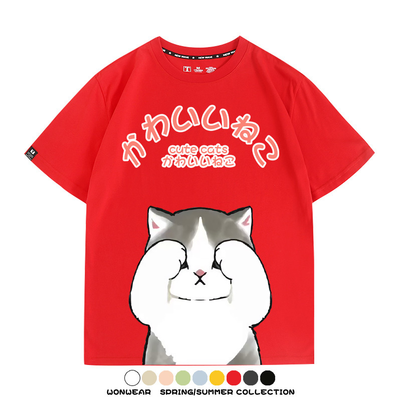 日系印花貓貓復古卡通 親子情侶裝寬鬆短袖T
