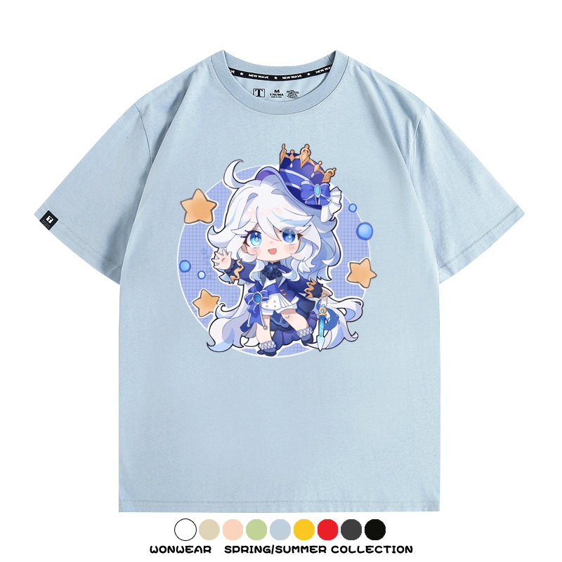 原神遊戲水神芙寧娜芙卡洛斯Q版可愛周邊短袖夏季純棉男潮T恤百搭