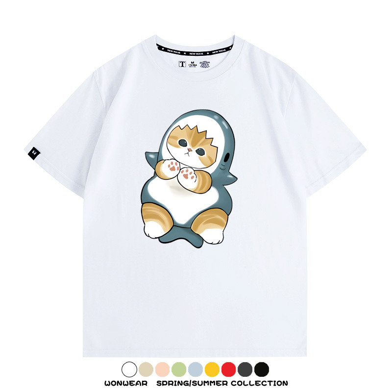 鯊魚貓福珊迪日系COS二次元卡通玩耍情侶短袖上衣純棉T恤衫夏季男寬鬆