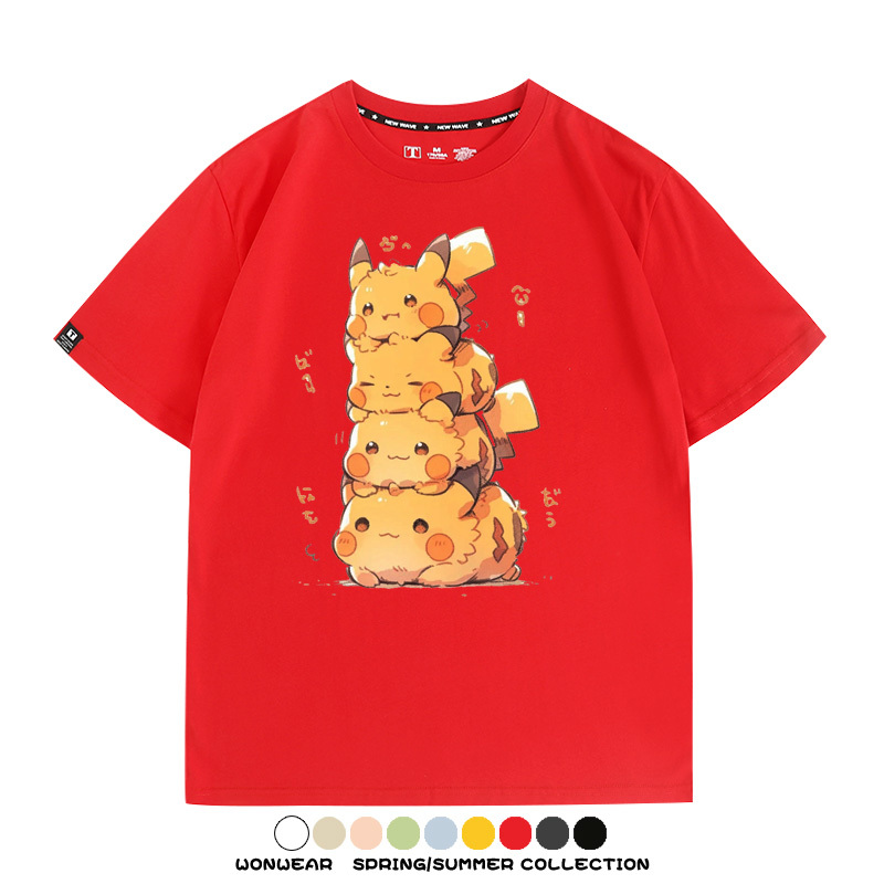 寶可夢皮卡丘可愛疊疊樂 親子情侶裝寬鬆短袖T