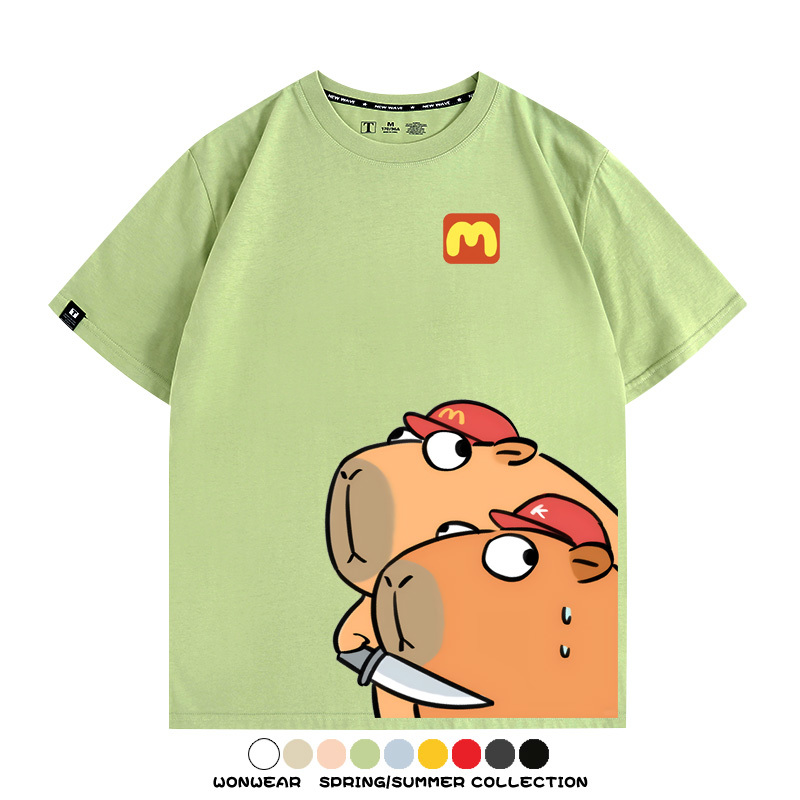 惡搞水豚卡皮巴拉麥門K記卡通聯名周邊短袖T恤衫夏季純棉男潮休閒