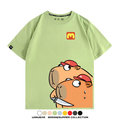 惡搞水豚卡皮巴拉麥門K記卡通聯名周邊短袖T恤衫夏季純棉男潮休閒