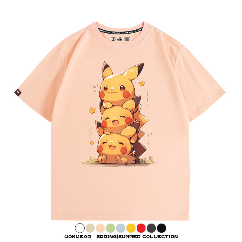 寶可夢皮卡丘可愛疊疊樂 親子情侶裝寬鬆短袖T