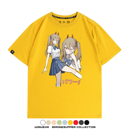 鏈鋸人動漫帕瓦聯名動漫周邊二次元情侶短袖夏季純棉T恤男潮百搭