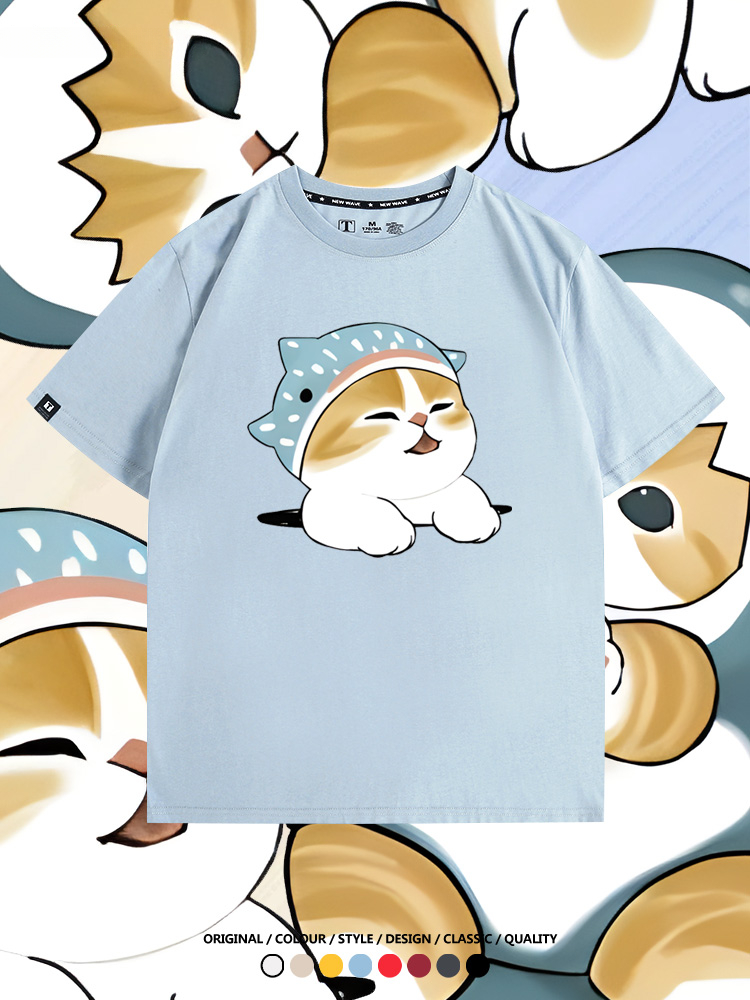 鯊魚貓福珊迪日系COS二次元卡通玩耍情侶短袖上衣純棉T恤衫夏季男寬鬆