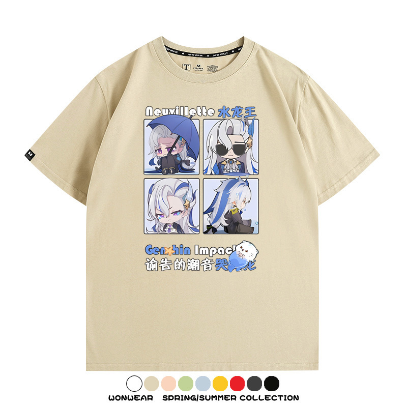 原神遊戲散兵可莉芙寧娜胡桃可愛Q版二次元周邊夏男純棉T恤衫短袖