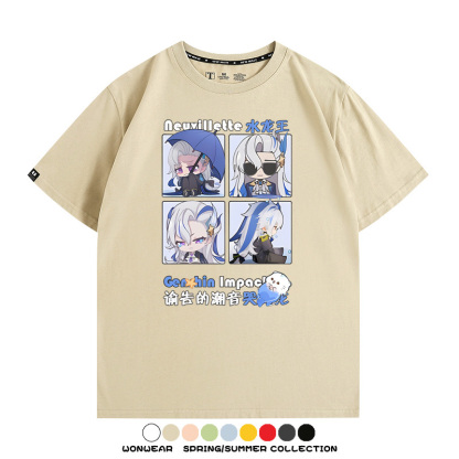 原神遊戲散兵可莉芙寧娜胡桃可愛Q版二次元周邊夏男純棉T恤衫短袖