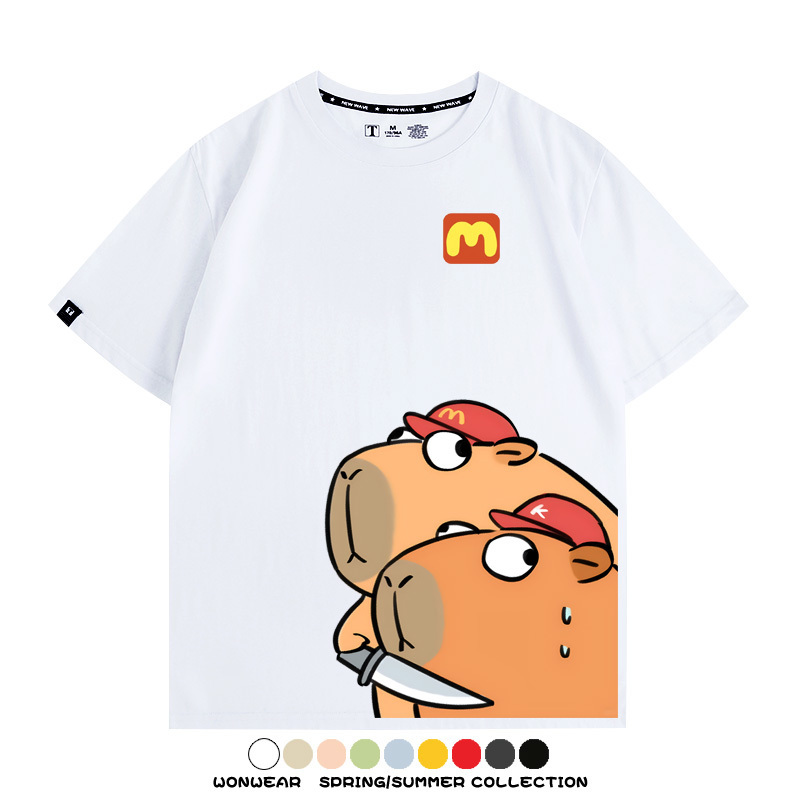 惡搞水豚卡皮巴拉麥門K記卡通聯名周邊短袖T恤衫夏季純棉男潮休閒