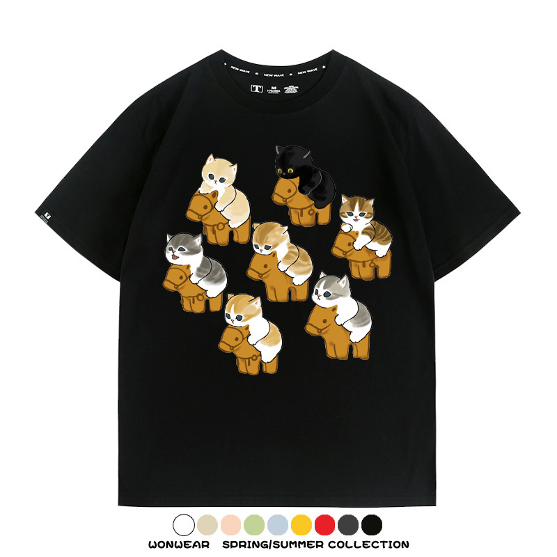 日系貓貓木馬卡通Q版 親子情侶裝寬鬆短袖T