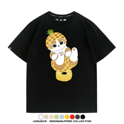 菠蘿貓福珊迪二次元情侶裝t恤衫聯名純棉圓領短袖上衣服卡通喵半袖男