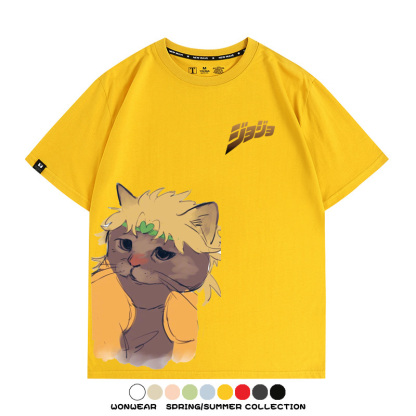 JOJO奇妙冒險聯動網紅嗷嗚貓波仔惡搞動漫短袖t-shirt