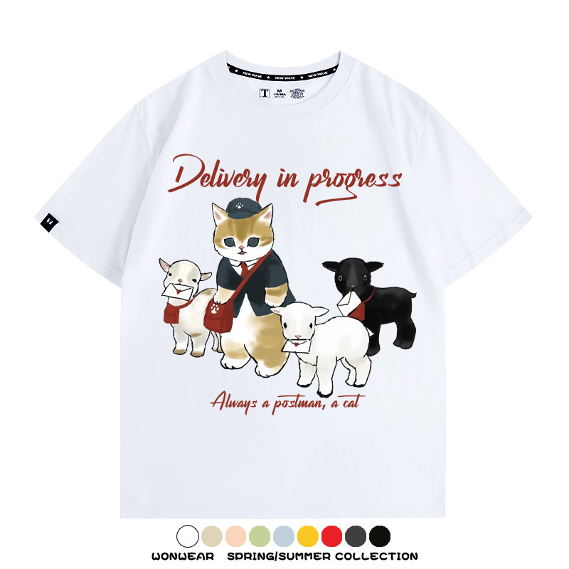 日系郵差員貓貓送快遞 親子情侶裝寬鬆短袖T