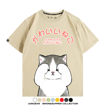 日系印花貓貓復古卡通 親子情侶裝寬鬆短袖T