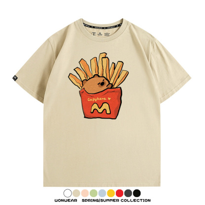 網紅水豚可愛卡皮巴拉COS麥門漢堡薯條二次元青少年夏季純棉T恤衫