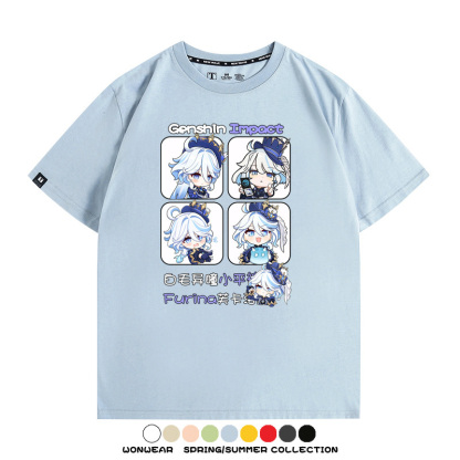 原神遊戲散兵可莉芙寧娜胡桃可愛Q版二次元周邊夏男純棉T恤衫短袖