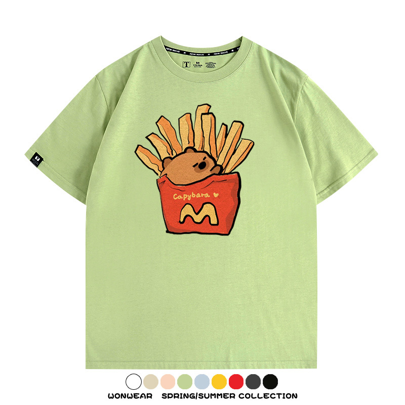 網紅水豚可愛卡皮巴拉COS麥門漢堡薯條二次元青少年夏季純棉T恤衫