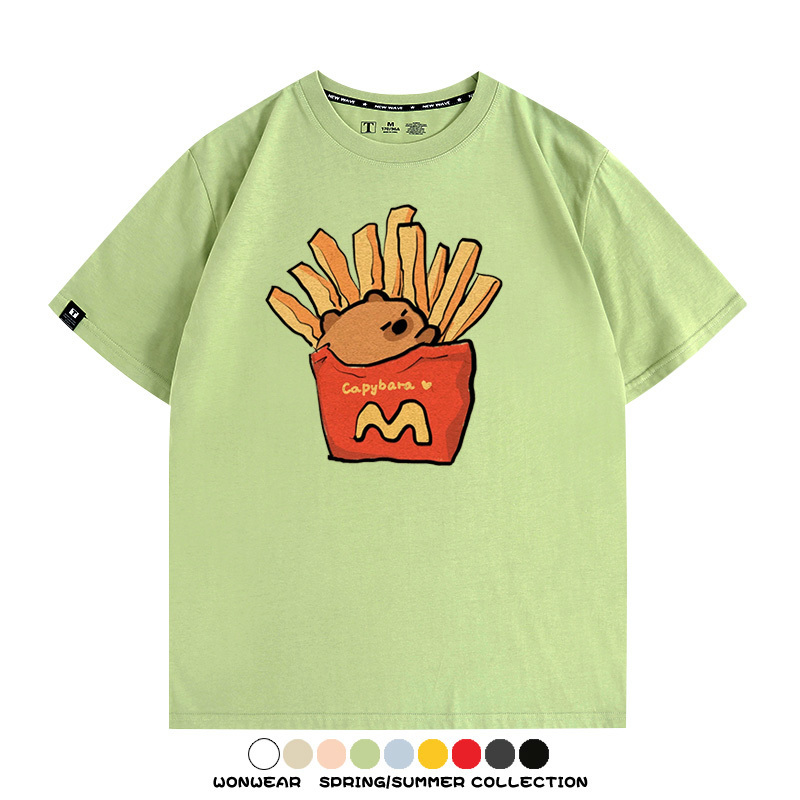 網紅水豚可愛卡皮巴拉COS麥門漢堡薯條二次元青少年夏季純棉T恤衫