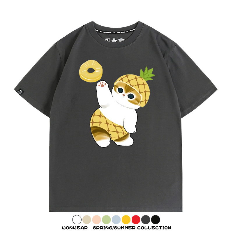 菠蘿貓福珊迪二次元情侶裝t恤衫聯名純棉圓領短袖上衣服卡通喵半袖男