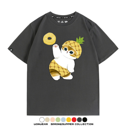 菠蘿貓福珊迪二次元情侶裝t恤衫聯名純棉圓領短袖上衣服卡通喵半袖男