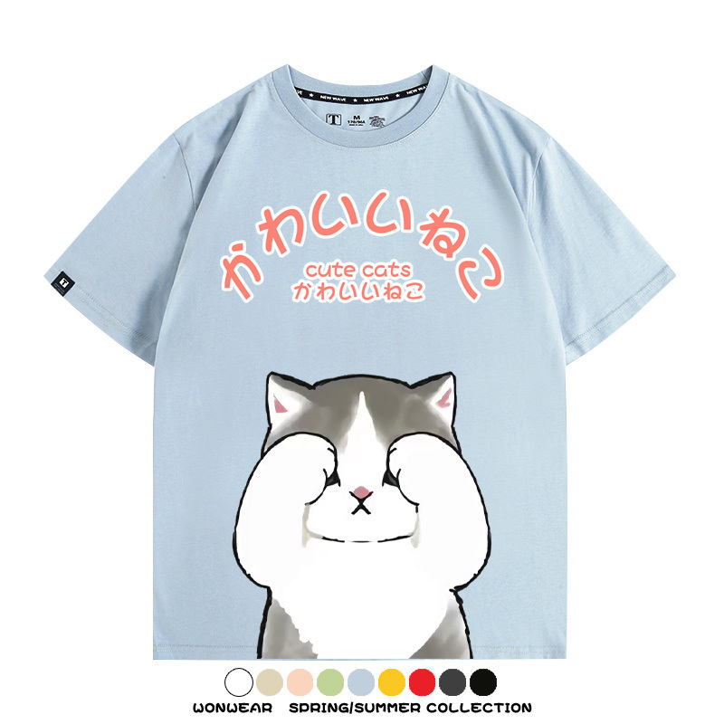 日系印花貓貓復古卡通 親子情侶裝寬鬆短袖T