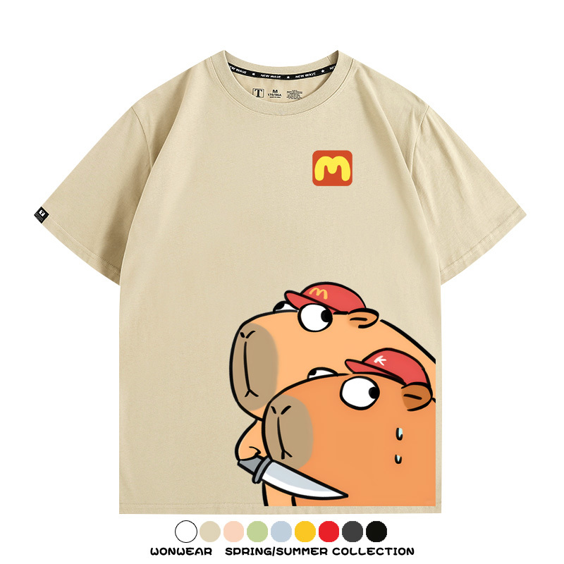惡搞水豚卡皮巴拉麥門K記卡通聯名周邊短袖T恤衫夏季純棉男潮休閒
