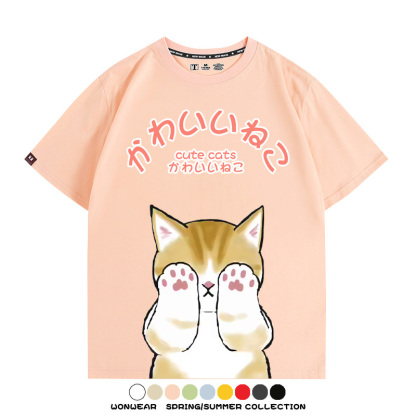 日系印花貓貓復古卡通 親子情侶裝寬鬆短袖T