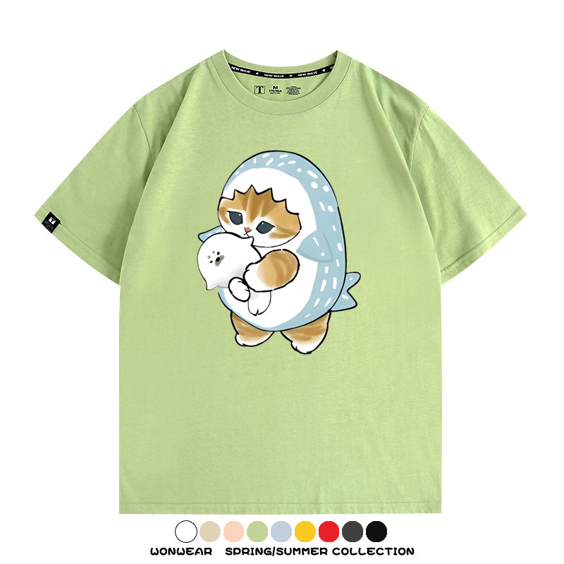 鯊魚貓福珊迪日系COS二次元卡通玩耍情侶短袖上衣純棉T恤衫夏季男寬鬆