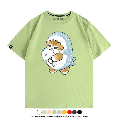 鯊魚貓福珊迪日系COS二次元卡通玩耍情侶短袖上衣純棉T恤衫夏季男寬鬆