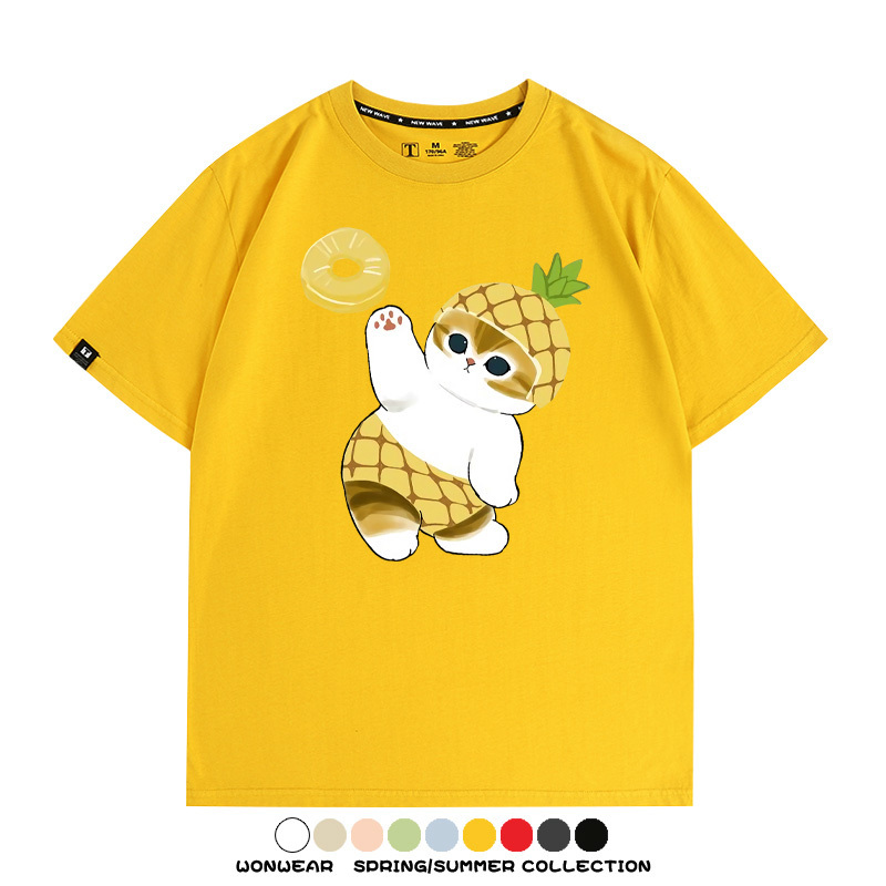 菠蘿貓福珊迪二次元情侶裝t恤衫聯名純棉圓領短袖上衣服卡通喵半袖男