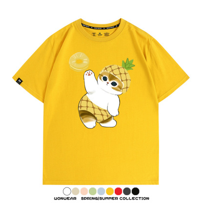 菠蘿貓福珊迪二次元情侶裝t恤衫聯名純棉圓領短袖上衣服卡通喵半袖男