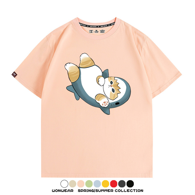 鯊魚貓福珊迪日系COS二次元卡通玩耍情侶短袖上衣純棉T恤衫夏季男寬鬆