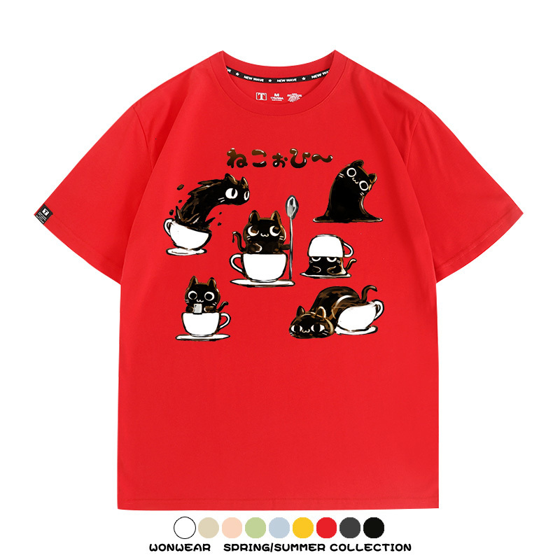 貓貓咖啡惡魔卡通可愛Q版打工人情侶短袖夏季青少年男寬鬆純棉T恤