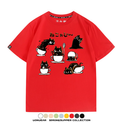 貓貓咖啡惡魔卡通可愛Q版打工人情侶短袖夏季青少年男寬鬆純棉T恤