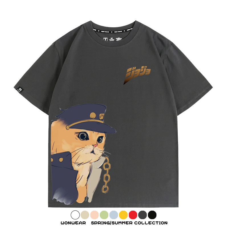 JOJO奇妙冒險聯動網紅嗷嗚貓波仔惡搞動漫短袖t-shirt