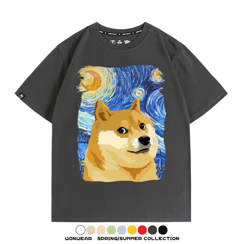 世界名畫吶喊星月夜聯名狗子柴犬 親子情侶裝寬鬆短袖T