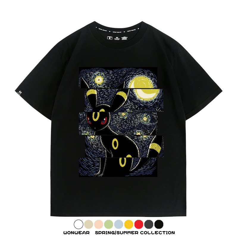 月亮伊布梵高星月夜聯名純棉t恤衫精靈寶可夢卡通動漫周邊短袖男