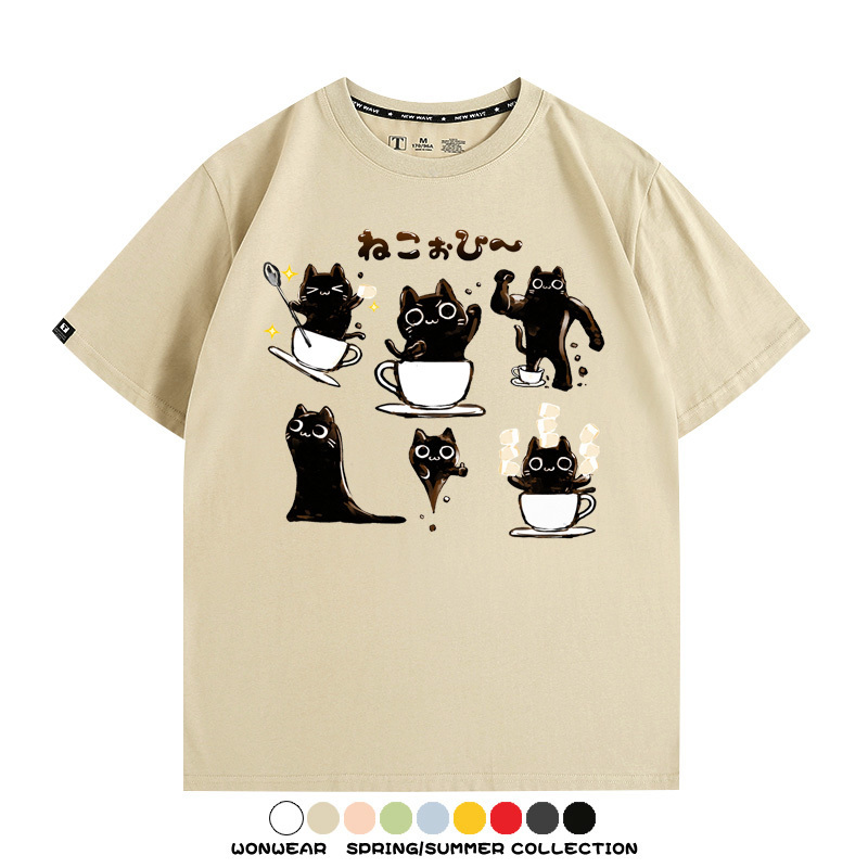 貓貓咖啡惡魔卡通可愛Q版打工人情侶短袖夏季青少年男寬鬆純棉T恤
