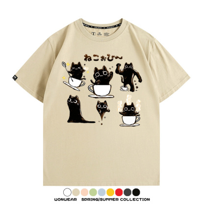 貓貓咖啡惡魔卡通可愛Q版打工人情侶短袖夏季青少年男寬鬆純棉T恤