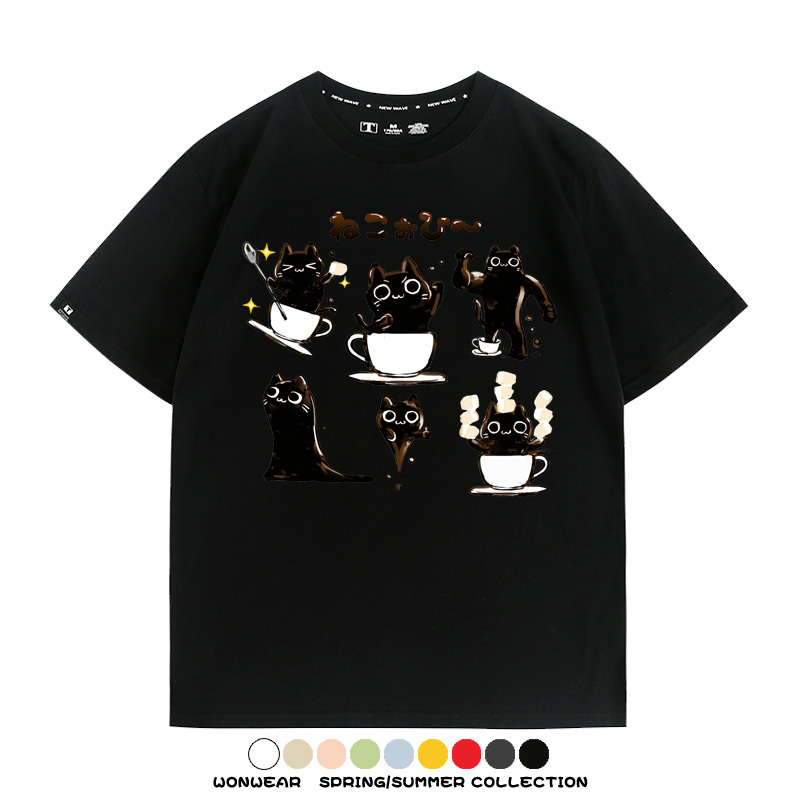 貓貓咖啡惡魔卡通可愛Q版打工人情侶短袖夏季青少年男寬鬆純棉T恤