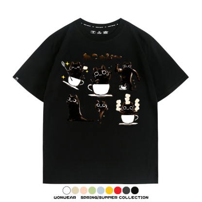 貓貓咖啡惡魔卡通可愛Q版打工人情侶短袖夏季青少年男寬鬆純棉T恤