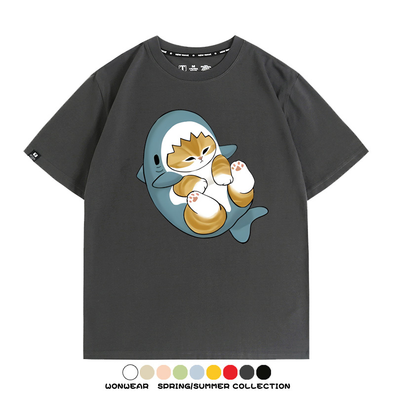 鯊魚貓福珊迪日系COS二次元卡通玩耍情侶短袖上衣純棉T恤衫夏季男寬鬆