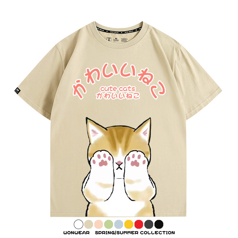 日系印花貓貓復古卡通 親子情侶裝寬鬆短袖T