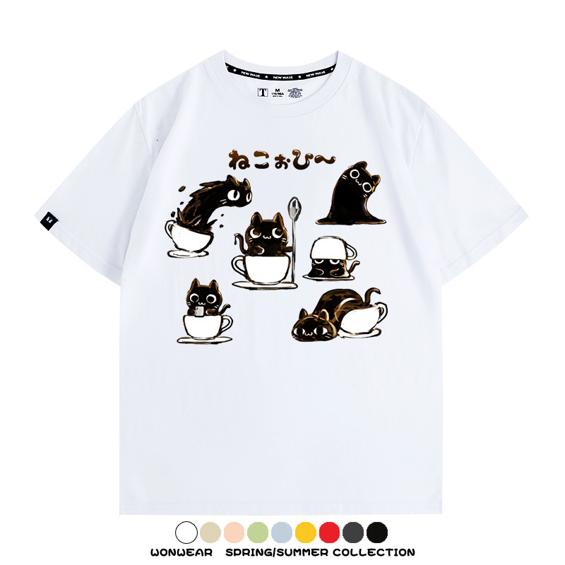 貓貓咖啡惡魔卡通可愛Q版打工人情侶短袖夏季青少年男寬鬆純棉T恤